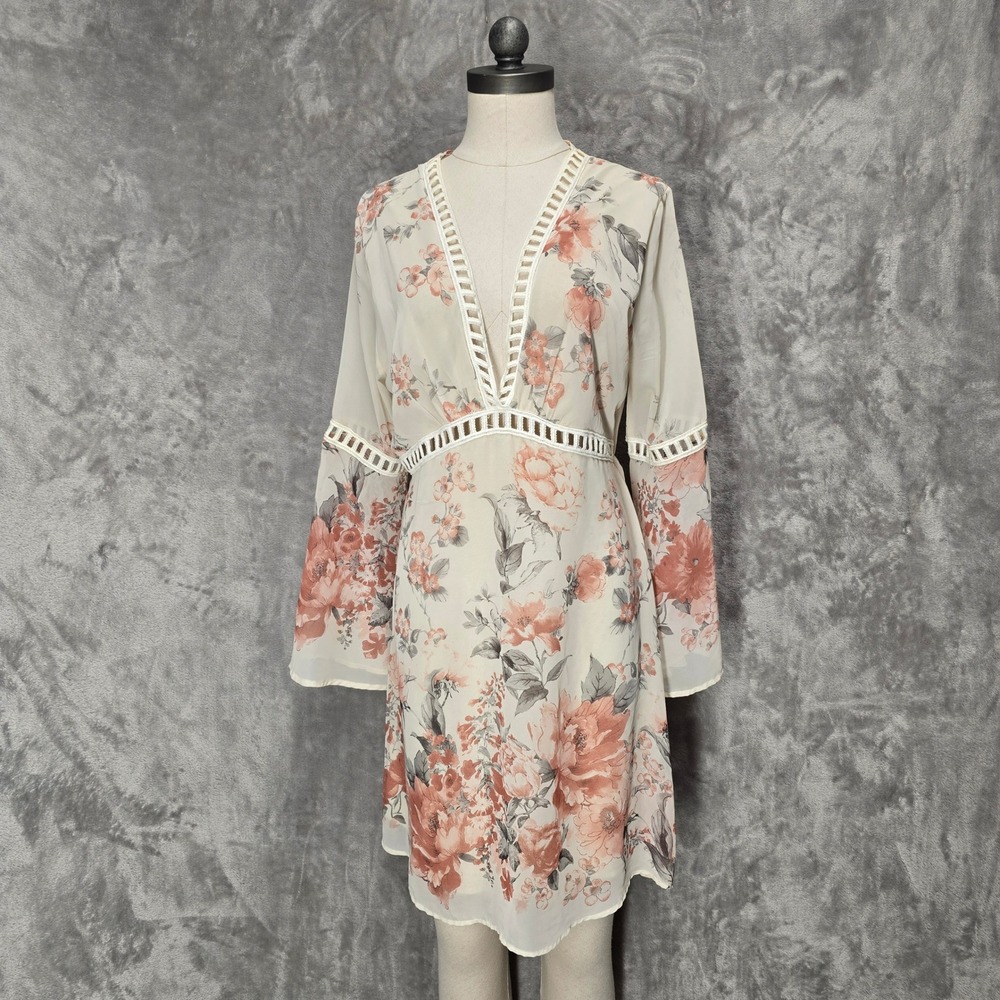 Fraiche by J Womens M‎ Floral V-Neck Bell Sleeve Mini Dress Boho Sheer Fairycore